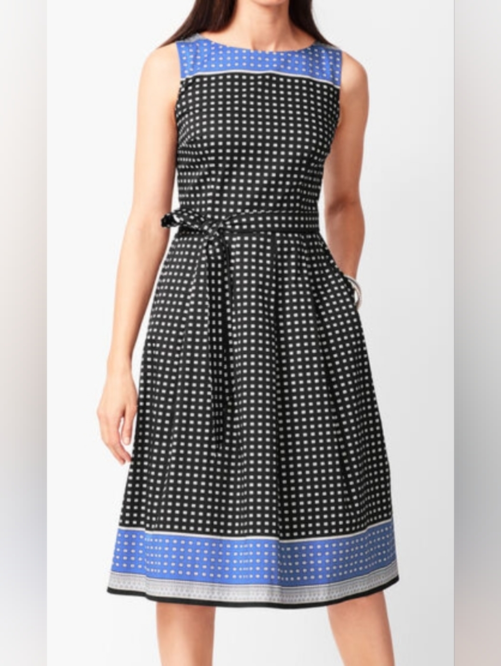 Talbots Geo Print Fit & Flare Belted Cotton Dress w Pockets Sz 10